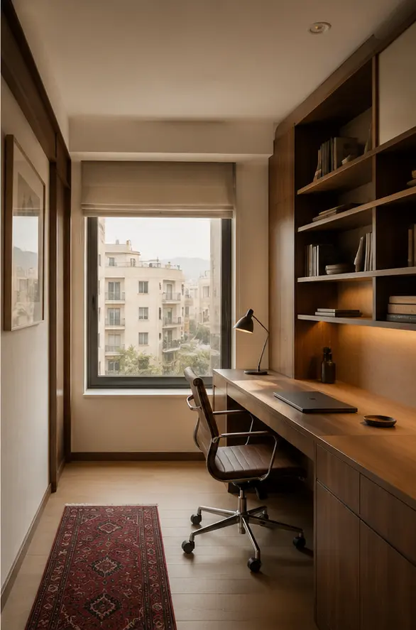 دفتر کار خانگی مینیمال با کتابخانه چوبی